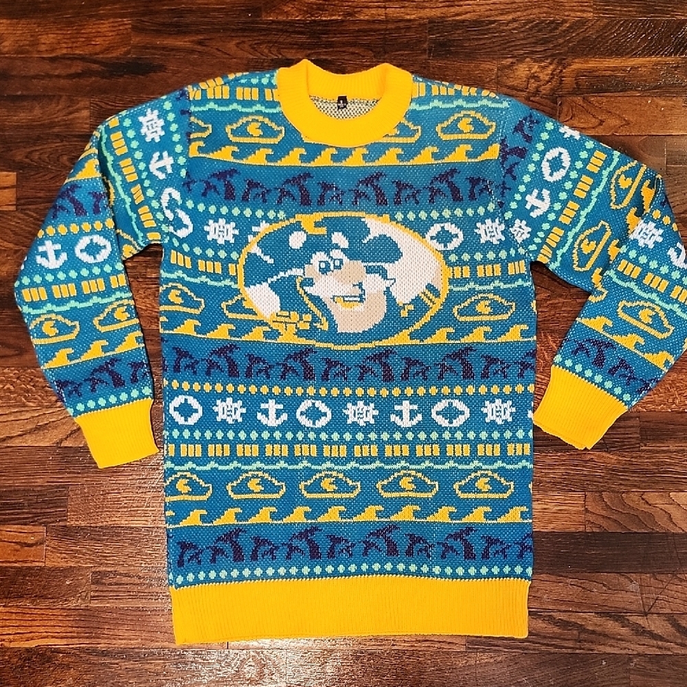 Captain Crunch Vibrant Blue and Yellow Crewneck Ugly Sweater with Beach Pattern